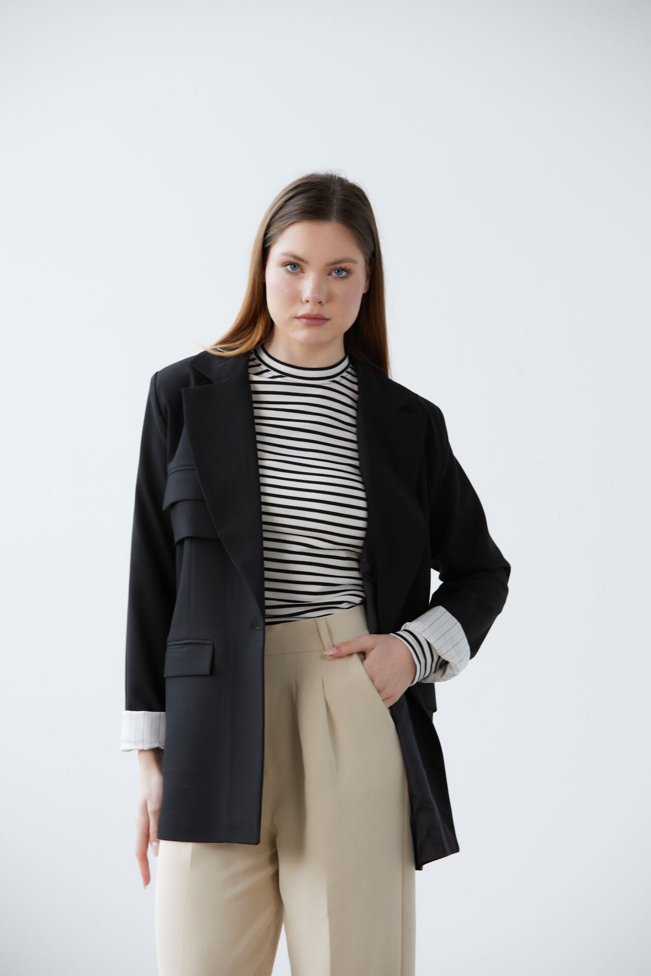 Cep Detaylı Double Kumaş Blazer Ceket - Resim 4